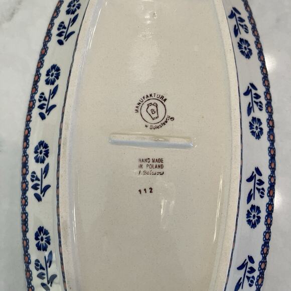 Manufaktura Boleslawcu Chip Dip Polish Pottery Divided Dish Floral Blue Red - Picture 6 of 8